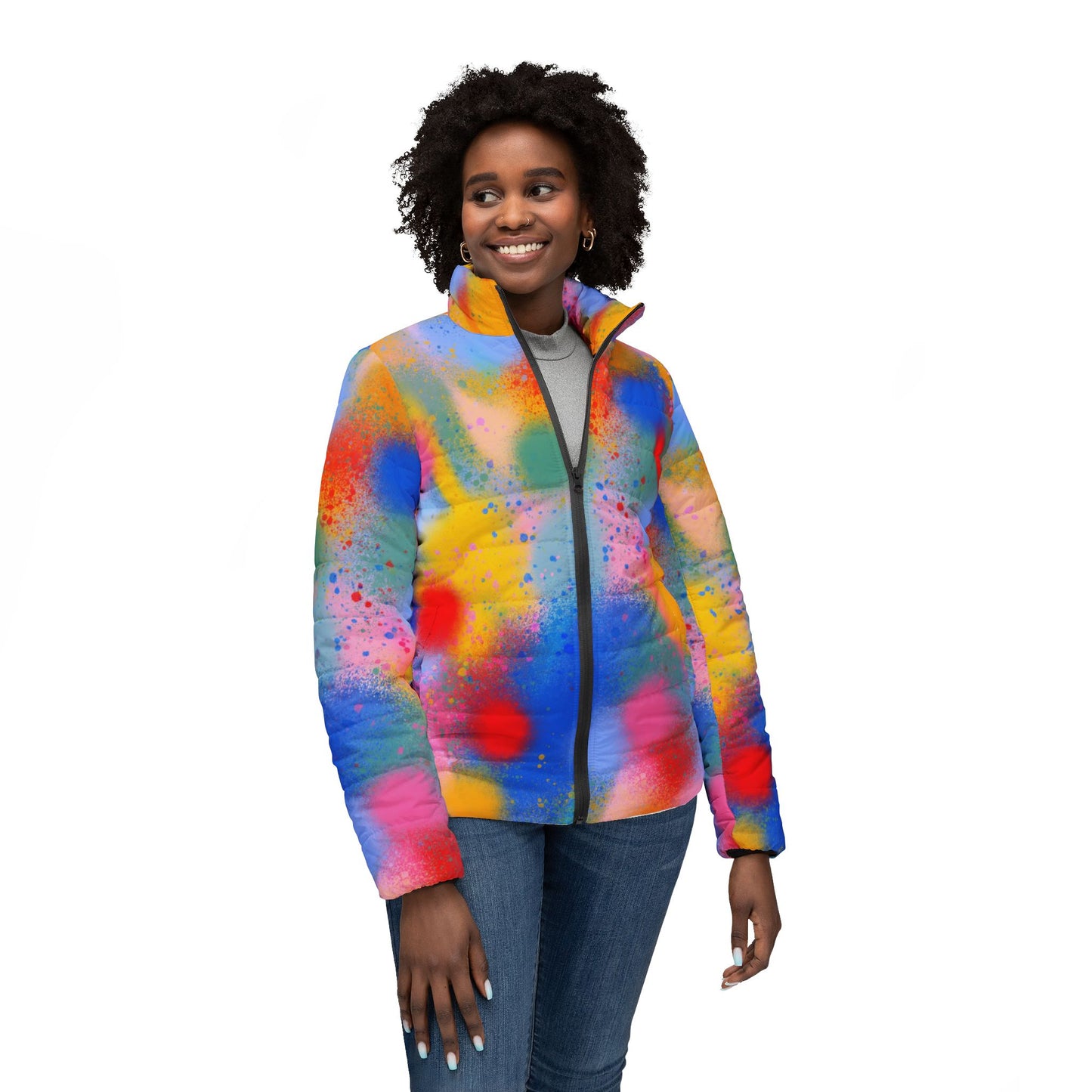 Vibrant Women's Puffer Jacket - Colorful Splash Design for Trendy Winter Style