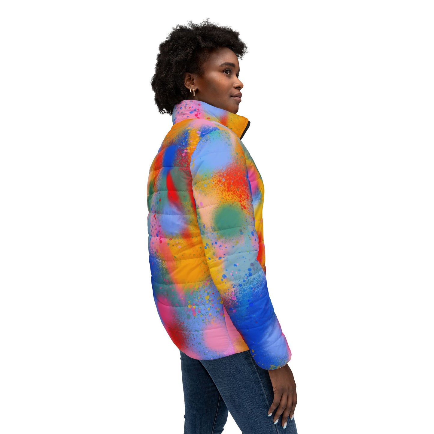 Vibrant Women's Puffer Jacket - Colorful Splash Design for Trendy Winter Style