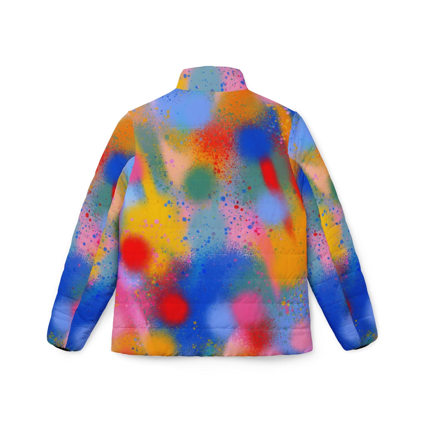 Vibrant Women's Puffer Jacket - Colorful Splash Design for Trendy Winter Style