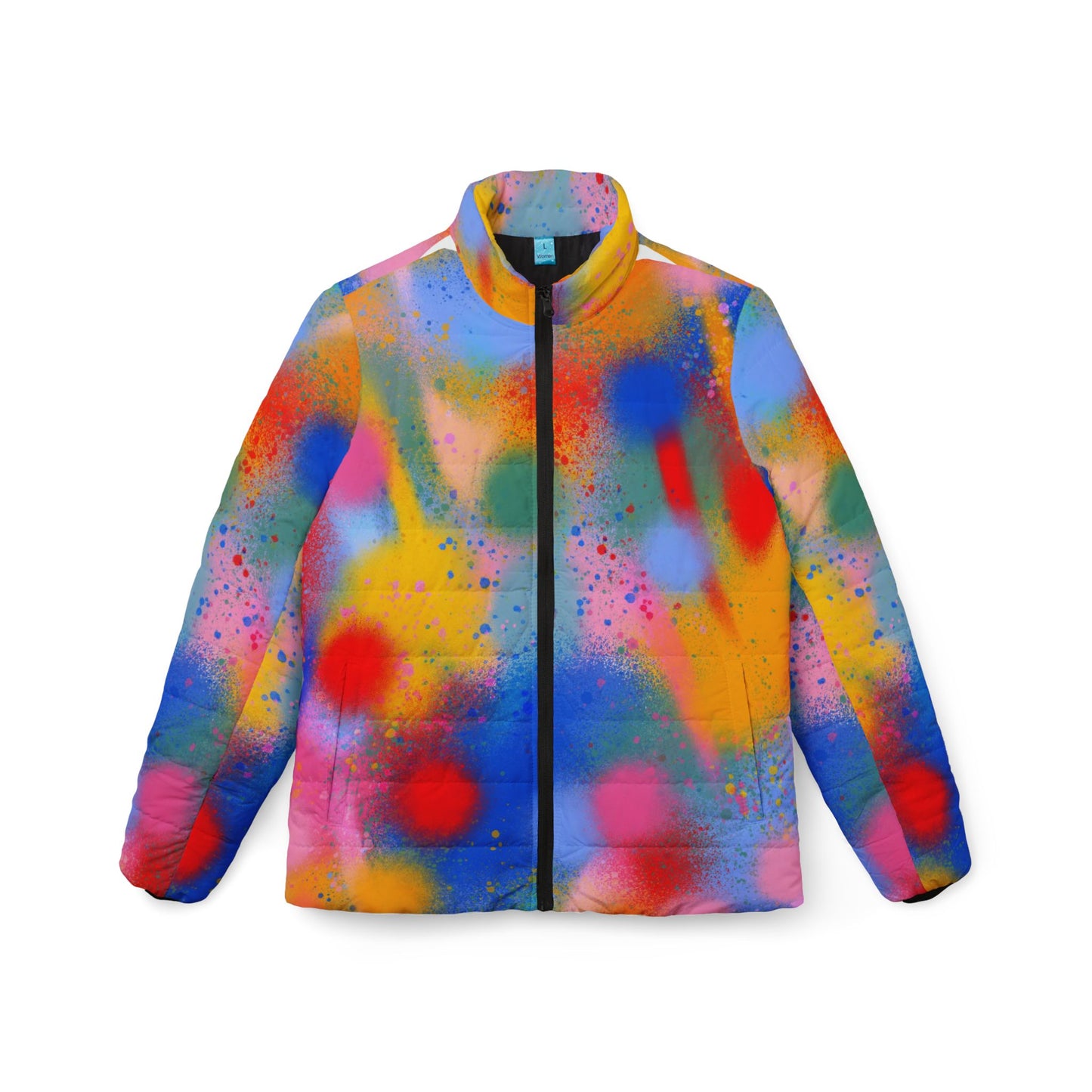 Vibrant Women's Puffer Jacket - Colorful Splash Design for Trendy Winter Style