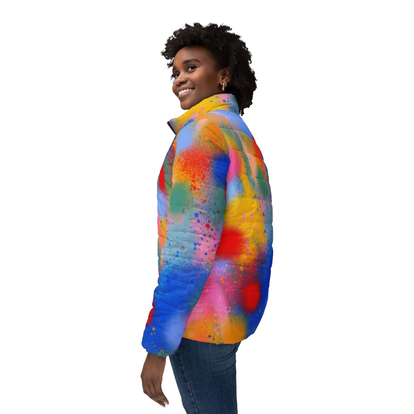 Vibrant Women's Puffer Jacket - Colorful Splash Design for Trendy Winter Style