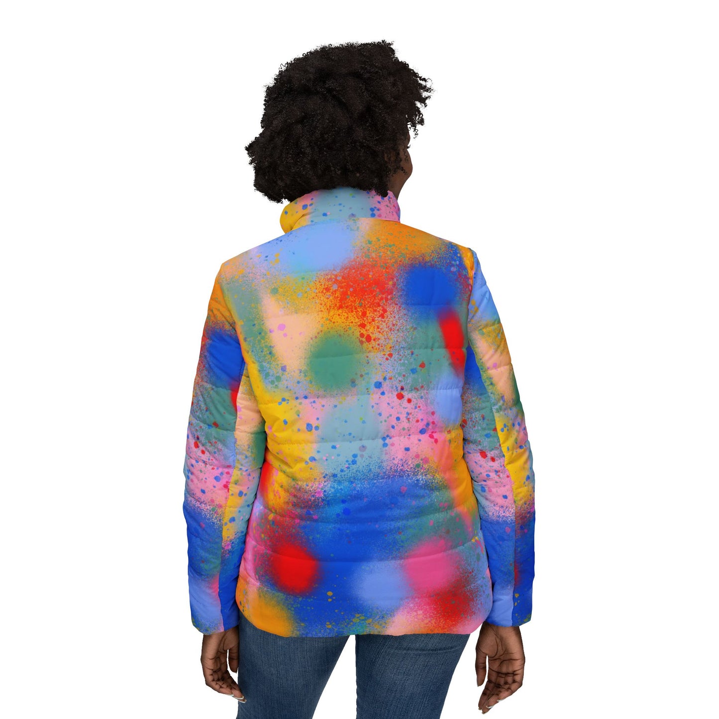 Vibrant Women's Puffer Jacket - Colorful Splash Design for Trendy Winter Style